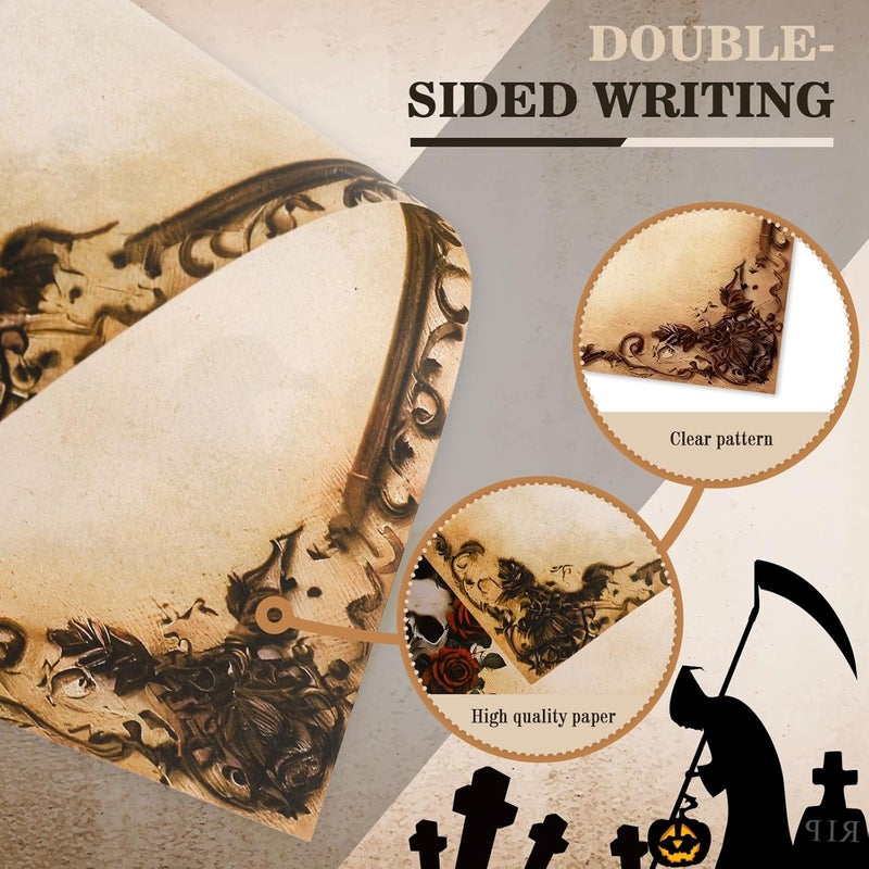 Whaline 60 Sheet Halloween Stationery Paper 4 Gothic Style Border Letterhead Vintage Skull Rose Castle Writing Paper for Invitation Office Printing, 8.5 x 11 Inch, Double-Sided - Image 3